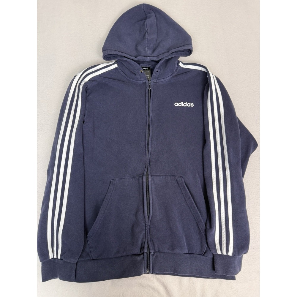 Adidas Essentials Mens Large Navy Blue 3-Stripe Full Zip Hoodie Sweatshirt